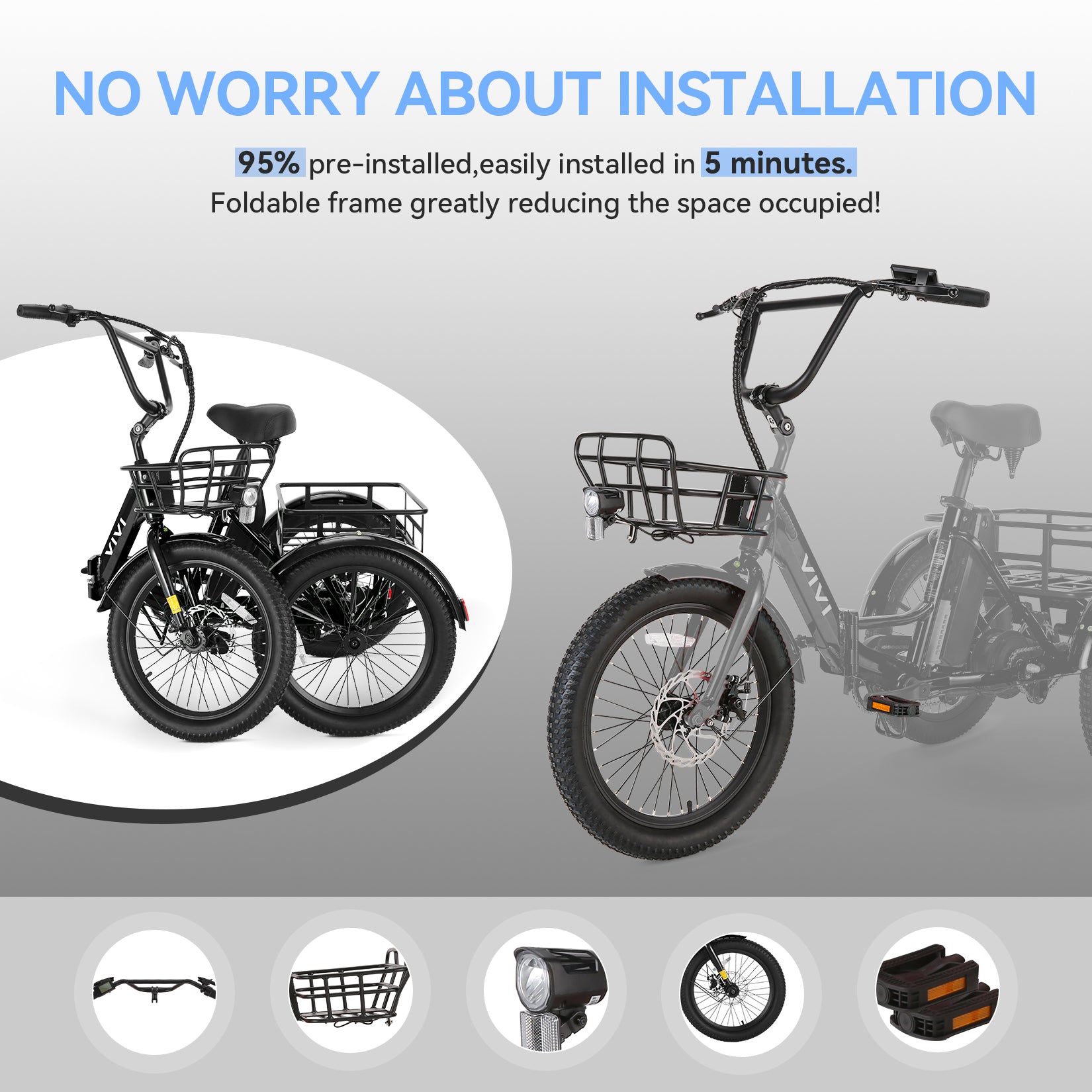 VIVI T01 Electric Trike Folding Cargo Electric Tricycle UL2849 Certified