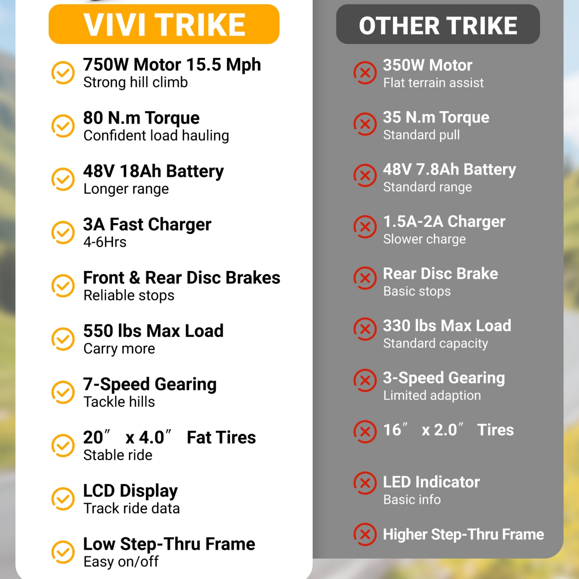 VIVI FAM01 Electric Trike Fat Tire Family Electric Tricycle SGS Certified to UL2849