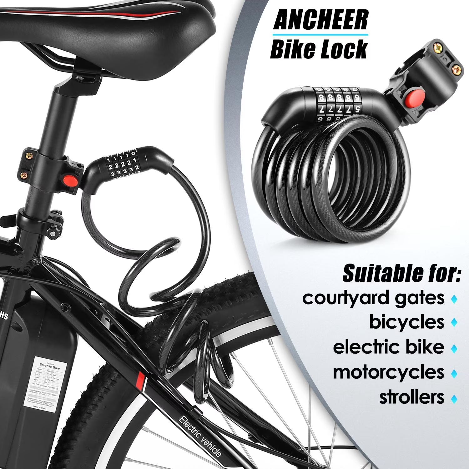 VIVI Bike Lock 150cm Combination Cable Lock