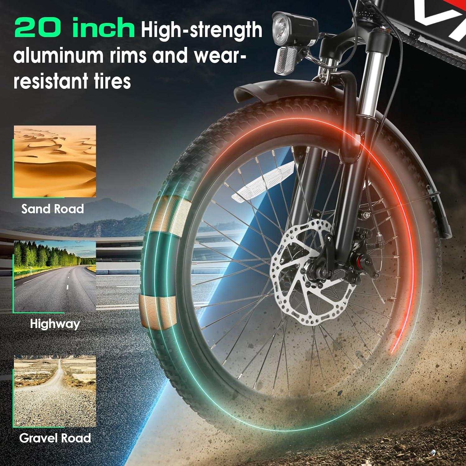 20 inch electric bicycle wheel VIVI Electric Bike for Adults 20" x 2.4 Folding Electric Bike 48V 500w Electric Bike Commuter Bike 19.8mph Suspension Fork Electric Bike with Cruise