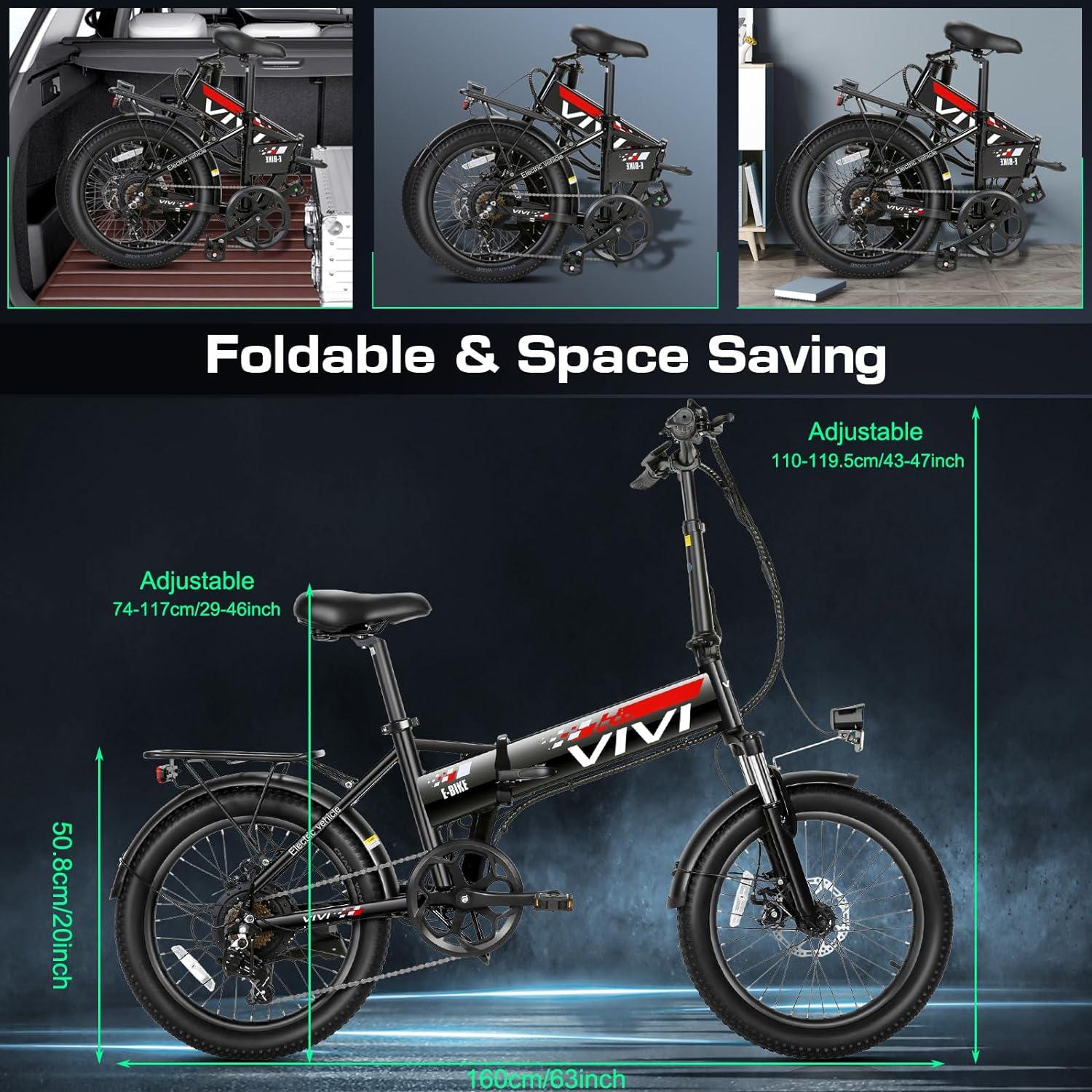 20 inch electric bicycle VIVI Electric Bike for Adults 20" x 2.4 Folding Electric Bike 48V 500w Electric Bike Commuter Bike 19.8mph Suspension Fork Electric Bike with Cruise
