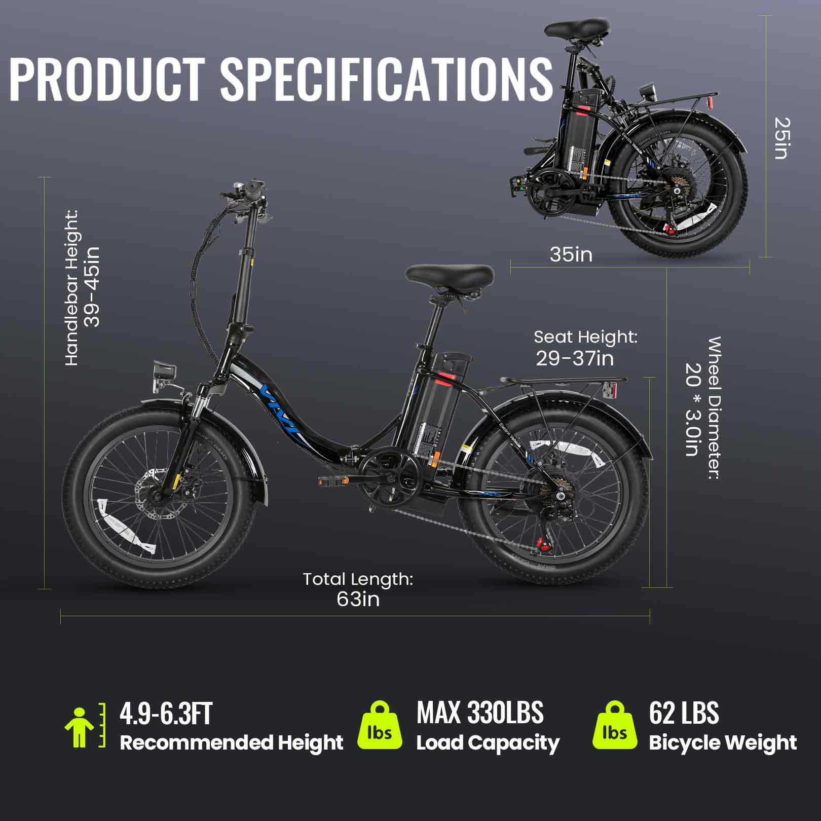 VIVI MT20UL Electric Bike 3.0" Fat Tire Folding Electric Bike SGS Certified to UL2849