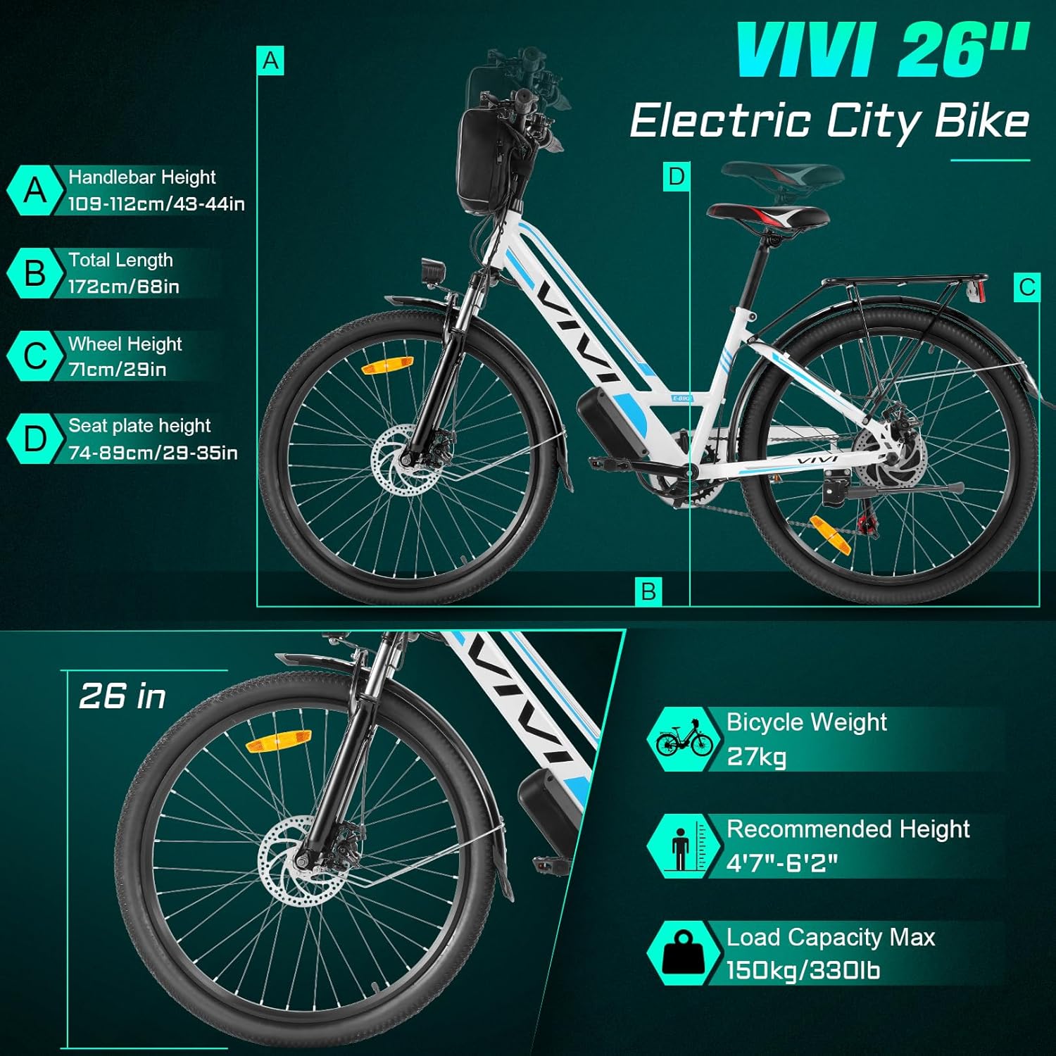VIVI MT26GUL Bike Electric Rambler Bike de cercanías eléctricas UL2849 Certificado